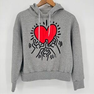 Keith Haring Red Heart Graphic Hoodie Gray Cropped Fleece Sweatshirt XS Cotton